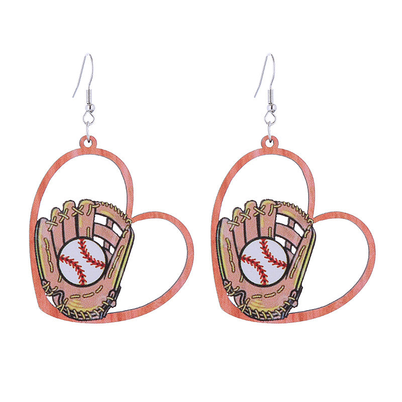 Wholesale Sports Style Baseball Heart Wooden Earrings