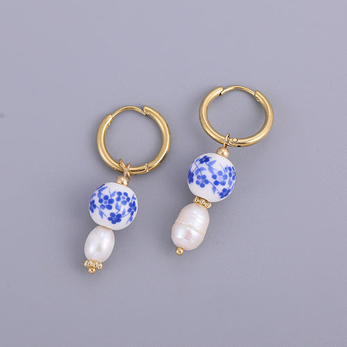 Wholesale Blue and White Porcelain Stainless Steel Colored Enamel Oil Earrings