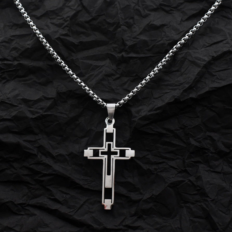 Wholesale Stainless Steel Polished Hollow Cross Pendant Necklace,  Trendy Hip-Hop Jewelry Accessory for Men and Women