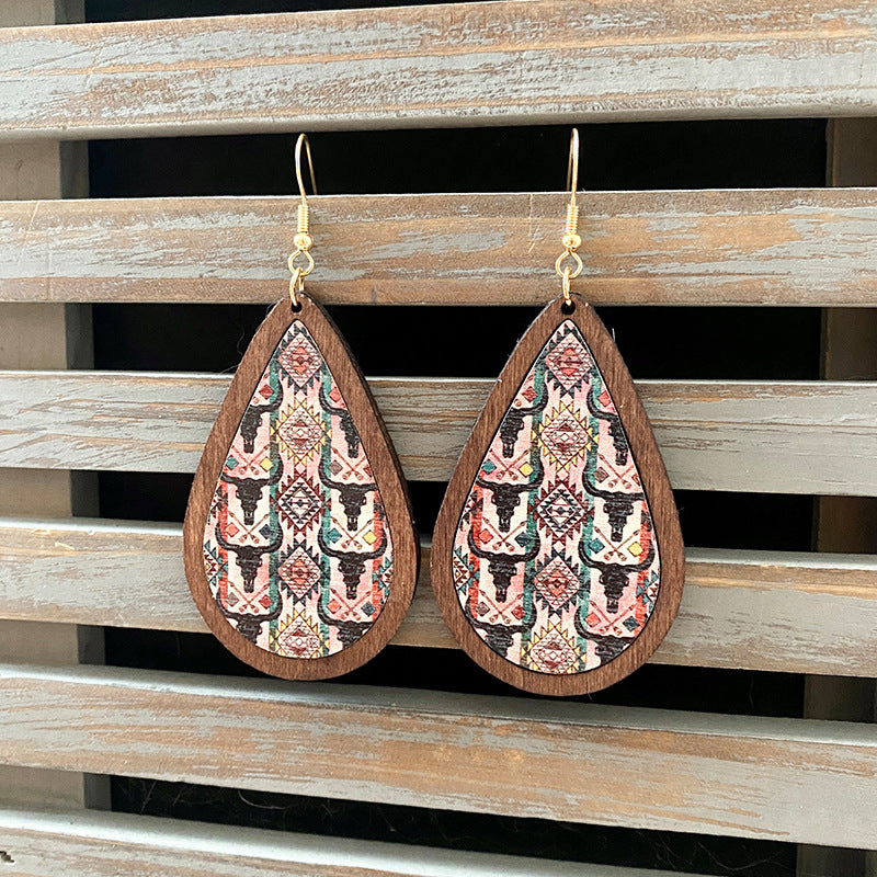 Wholesale Western Style Vintage Wood Earrings Aztec Water Drop Earrings ACC-ES-XinChuan040
