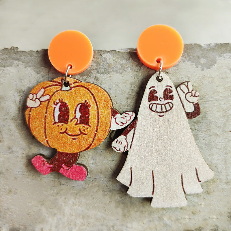 Wholesale 2 Pairs/Pack Halloween Thanksgiving Retro Pumpkin Ghost Spider Wood Earrings ACC-ES-HY164