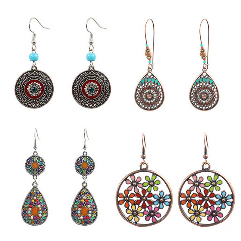 Wholesale hollow alloy retro color  diamond flower  earrings
