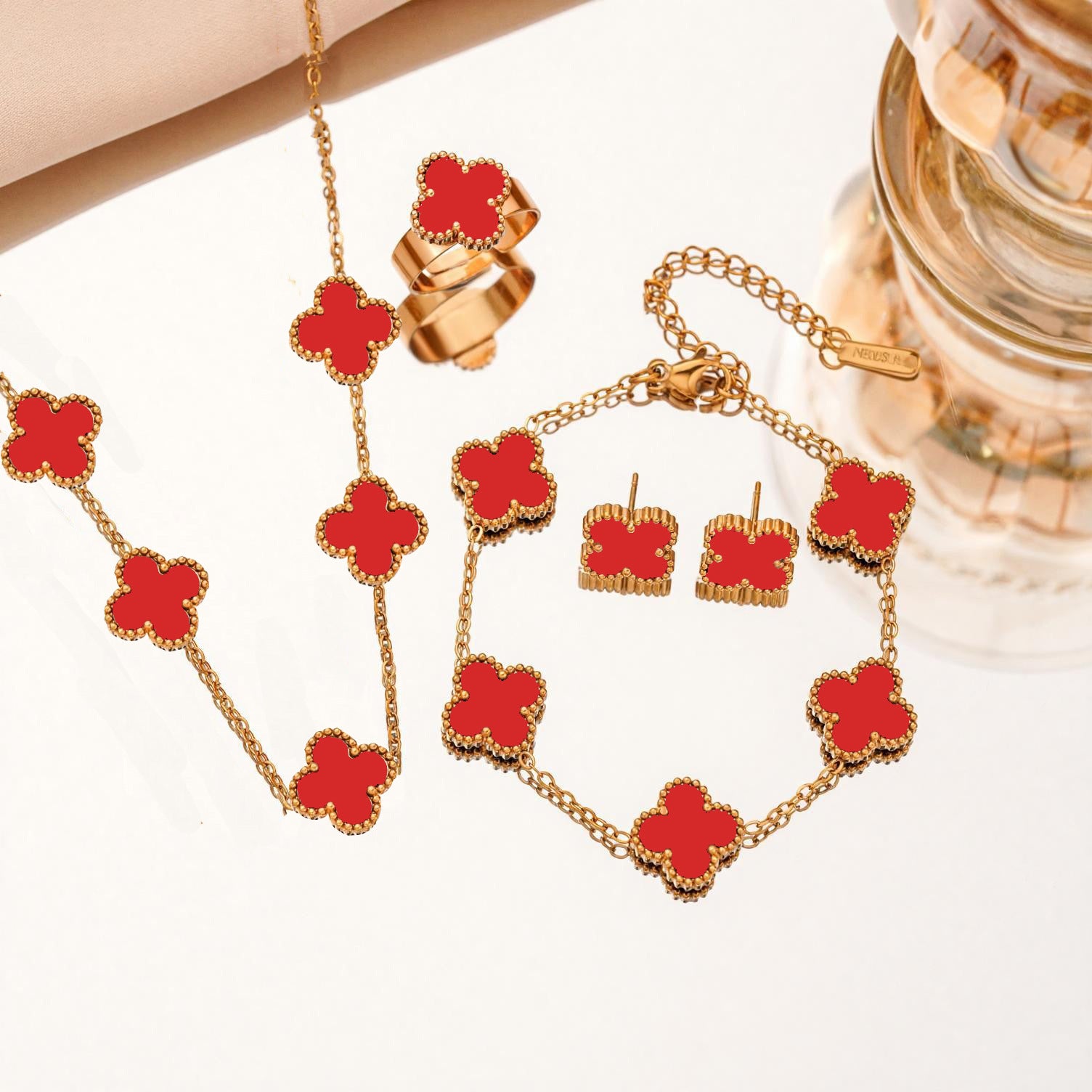 Wholesale Women S Black Four Leaf Clover Jewelry Set Titanium Steel Necklace Earrings Bracelet Brooch Trendy Everyday Fashion Accessory