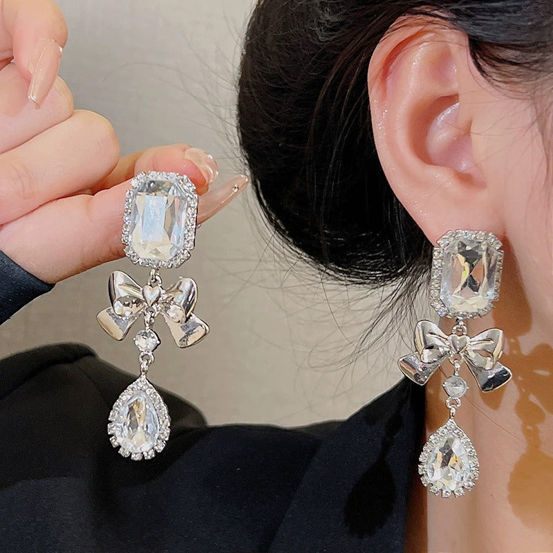 Wholesale 925 Silver Needle Exaggerated Geometric Bow Rhinestone Earrings