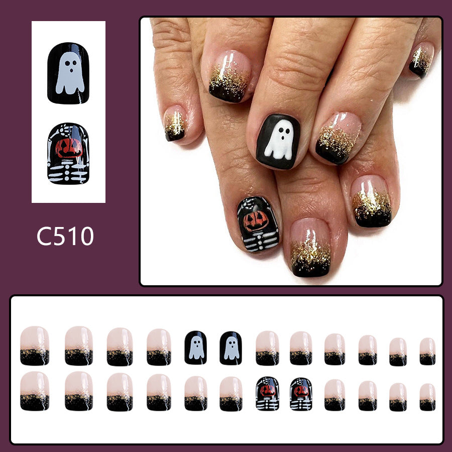 Wholesale 24 Pieces/box Halloween Pumpkin Skull Ghost Press-on Nails Kits Nail Stickers ACC-NS-GuaiXL074