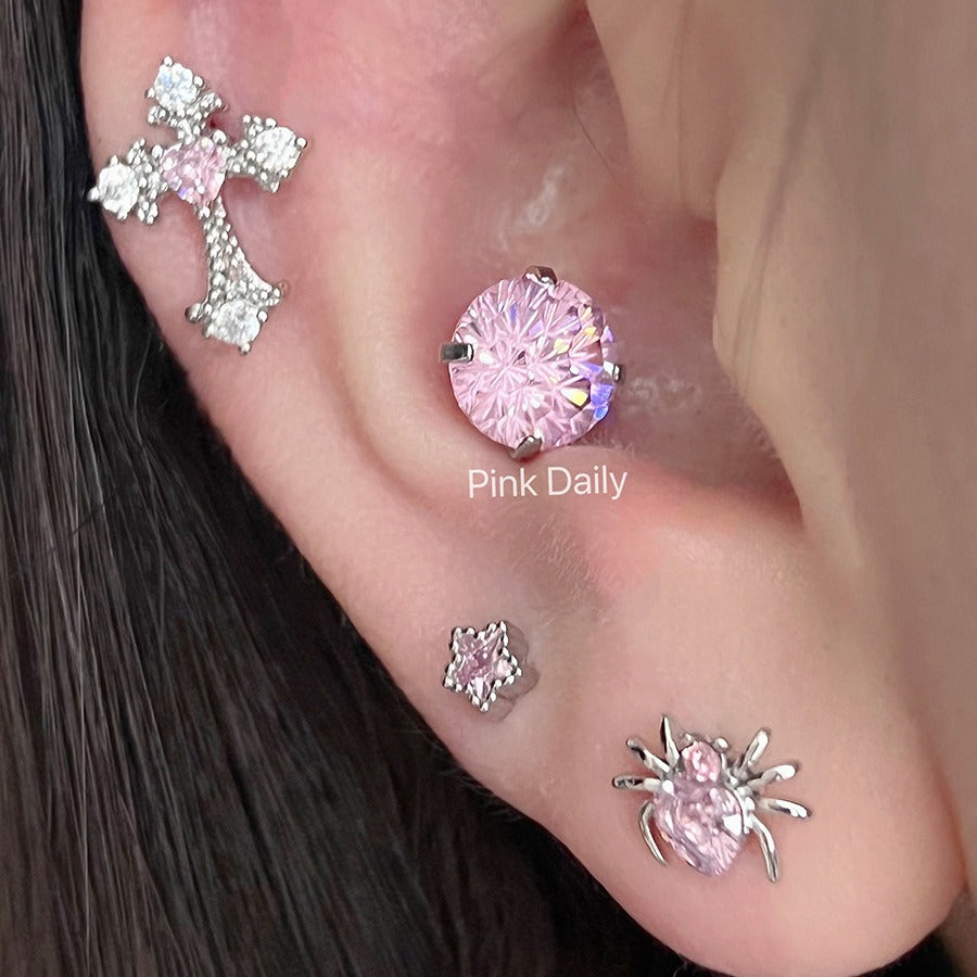 Wholesale Pink zircon cross ear bone nail titanium steel screw  butterfly earrings