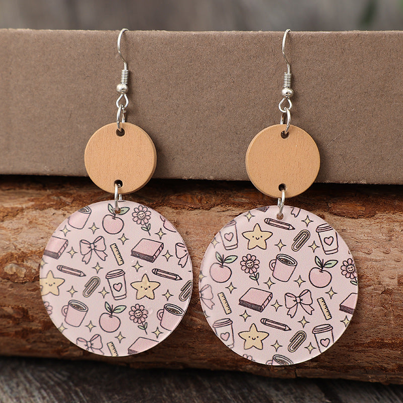 Wholesale  Fresh Style for the Beginning of School Season and Graduation Season Round Printed Pencil Pattern Acrylic Fashion Earrings