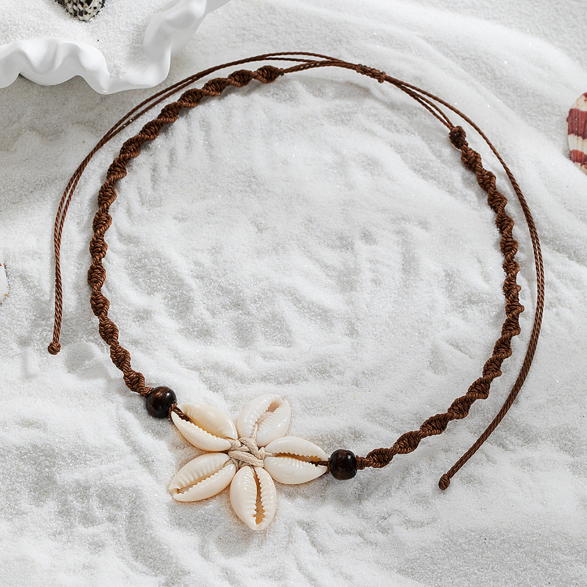 Wholesale Bohemian  shell woven flower wooden beads rope adjustable women's necklace