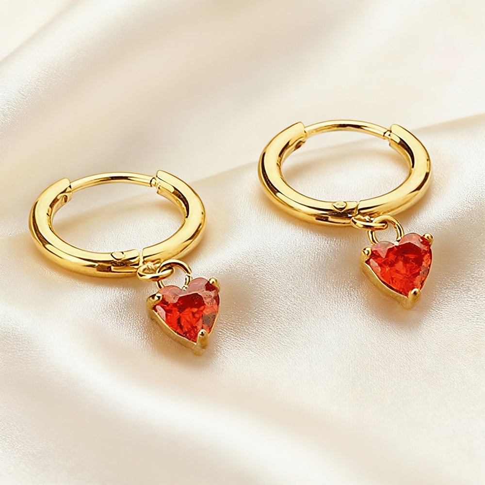 Wholesale 2PCS Titanium steel heart-shaped zircon pendant earrings