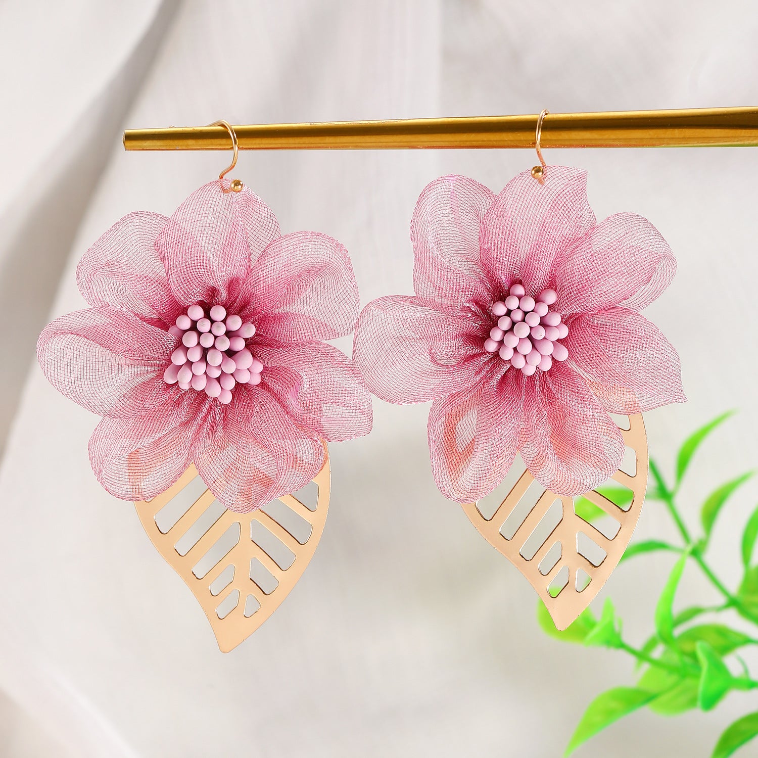Wholesale Fabric Gauze Flower Leaf Earrings