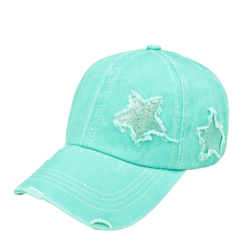 Wholesale  five-pointed star sequined ponytail ripped baseball cap