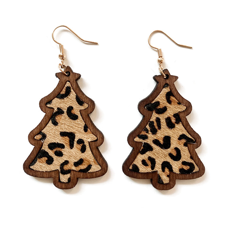 Wholesale Western Christmas wooden earrings Bohemian leather horse hair inlaid leather earrings