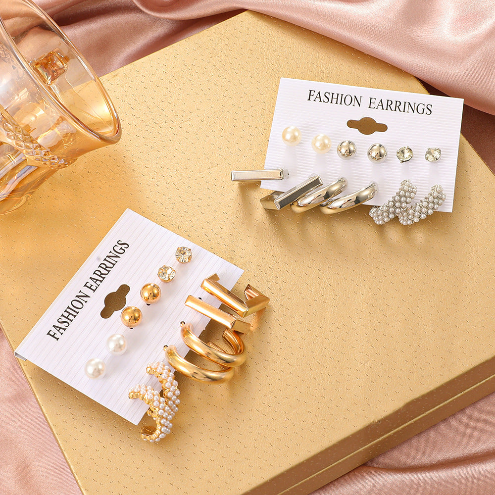 Wholesale Gold Geometric Pearl and Diamond Earrings Sets ACC-ES-MY027