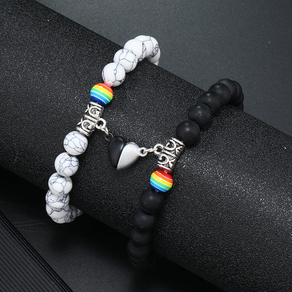 Wholesale Rainbow Beaded Love Magnetic Couple Bracelet