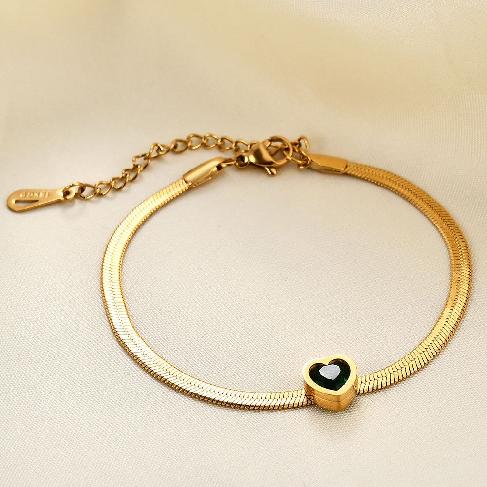 Wholesale  All-Match 14K Gold Titanium Steel Single Diamond Green White Pink Love Zircon Snake Chain Bracelet