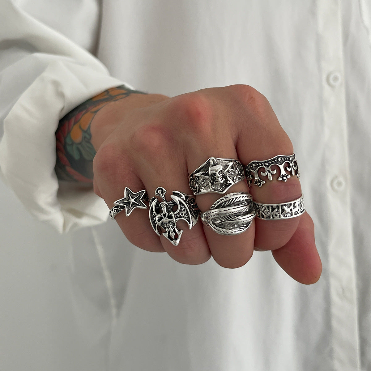 Wholesale Alloy Antique Silver Ring Set  Gothic Snake Bat Motif Fashion Accessory