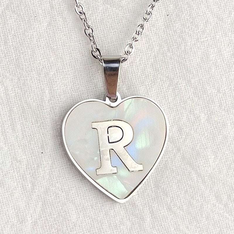 Wholesale 26 English Letters Heart Inlaid Shell Titanium Steel Necklace ACC-NE-DingChao002