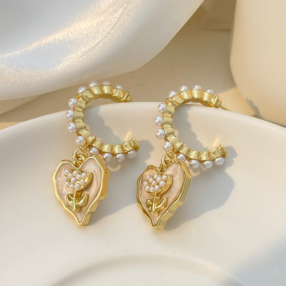 Wholesale Rose Love Earrings Alloy Inlaid Pearl Heart Shaped Flower Earrings ACC-ES-QW013