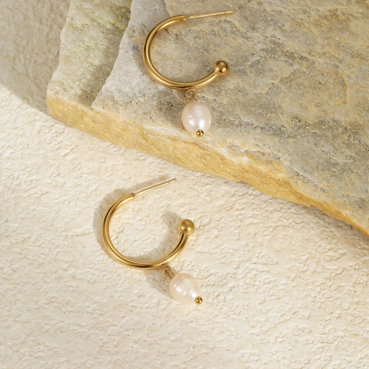 Wholesale  Stainless Steel Plated Real Gold Natural  Pearl Earrings