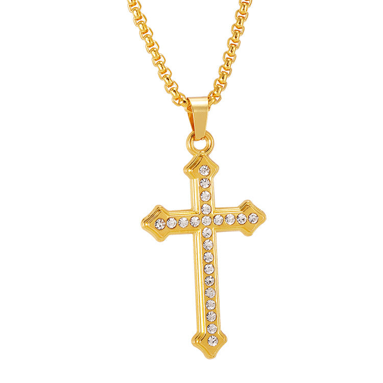 Wholesale Titanium Steel Diamond-encrusted Gold Cross Pendant Jewelry Necklaces