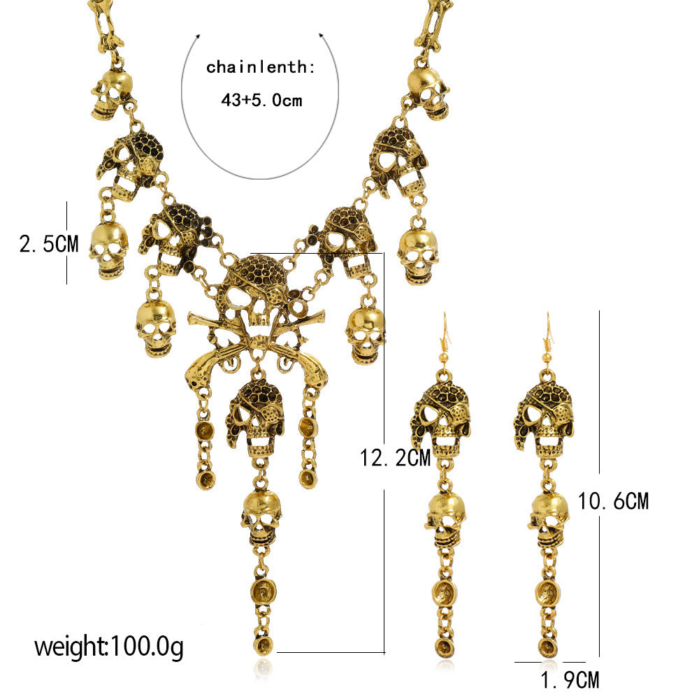 Wholesale  Skull Pirate Fringe Jewelry Set - Ancient Silver Alloy Earrings and Necklace,  Fashion Accessory for Boutique Resale