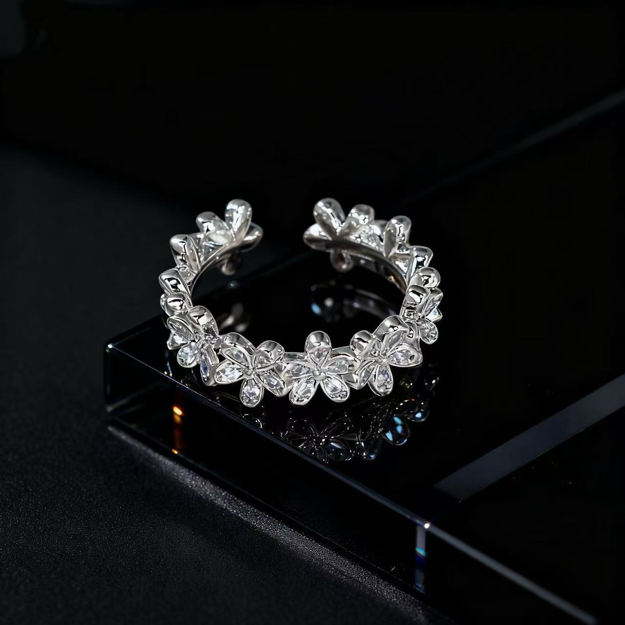 Wholesale Stylish Copper Zircon Flower Ring Open Adjustable Electroplated Women S Fashion Jewelry Accessory