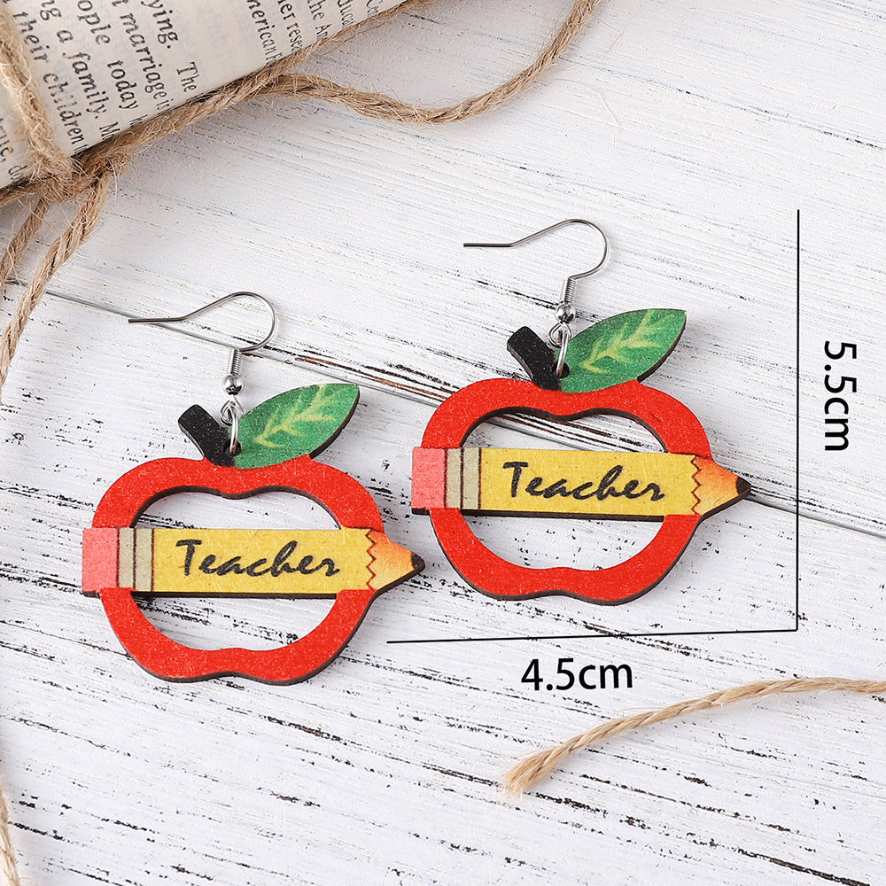 Wholesale pencil apple teacher double sided wooden earrings