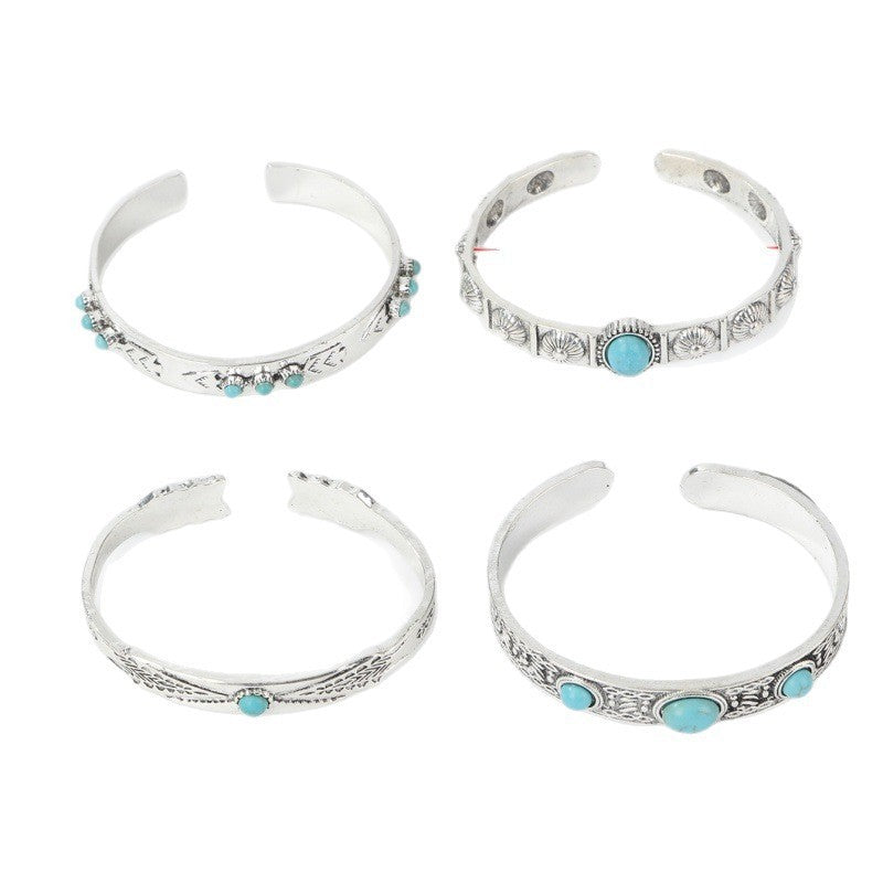 Wholesale Bohemian Vintage Open Adjustable Bracelet Set 4Pcs Alloy Turquoise Jewelry Gift Fashion Accessory
