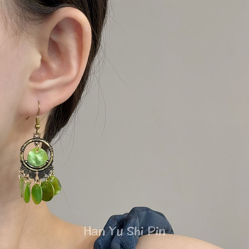 Wholesale Vintage Green Geometric Tassel Earrings Electroplated Mixed Material Jewelry Accessory