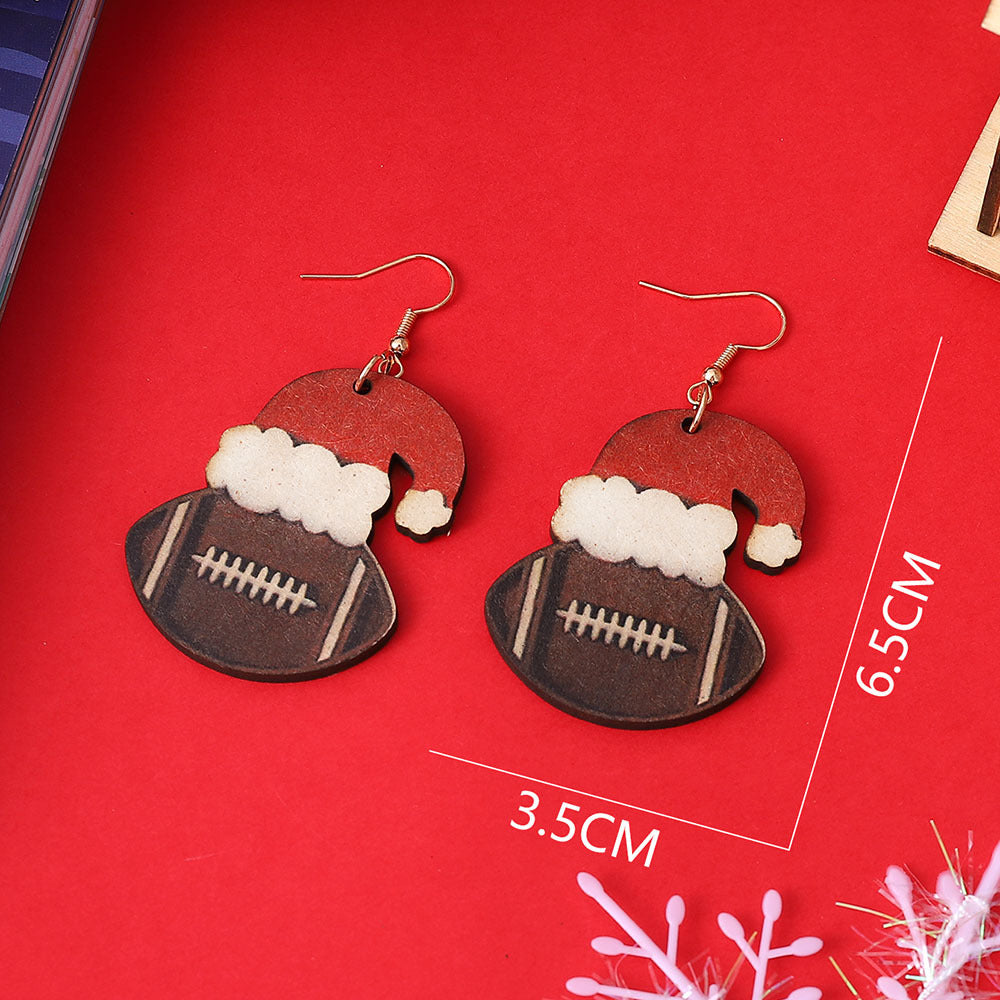 Wholesale Christmas Santa hat rugby pendant earrings wooden double-sided earrings