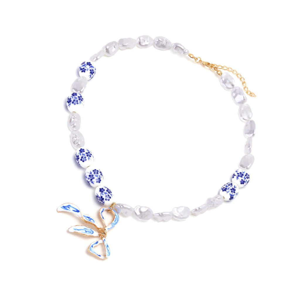 Wholesale Light Luxury Handmade Splicing  Pearl Oil Dripping Bow Pendant Necklace