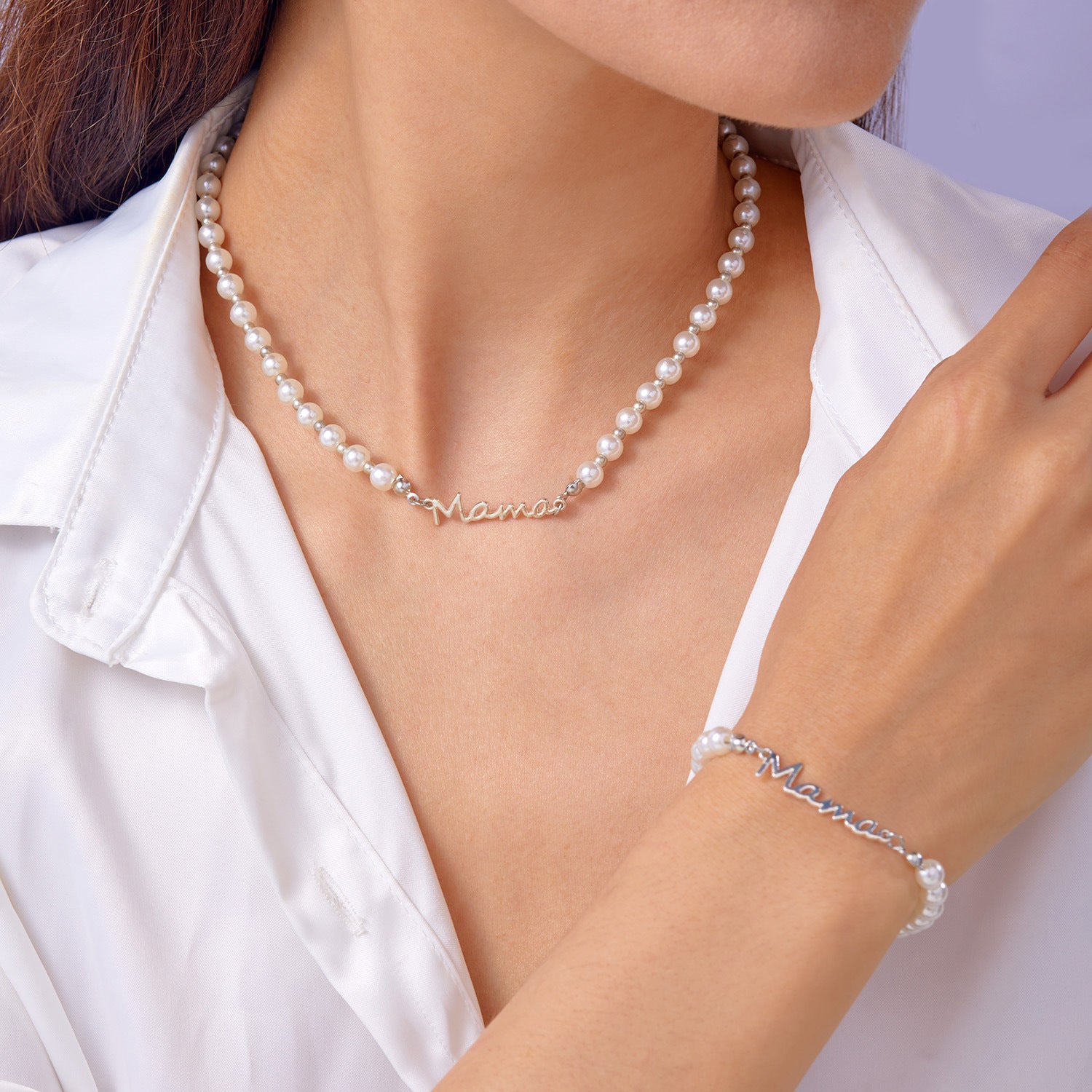 Wholesale Mother's Day Letters Mama Pearl Necklace Bracelet suit