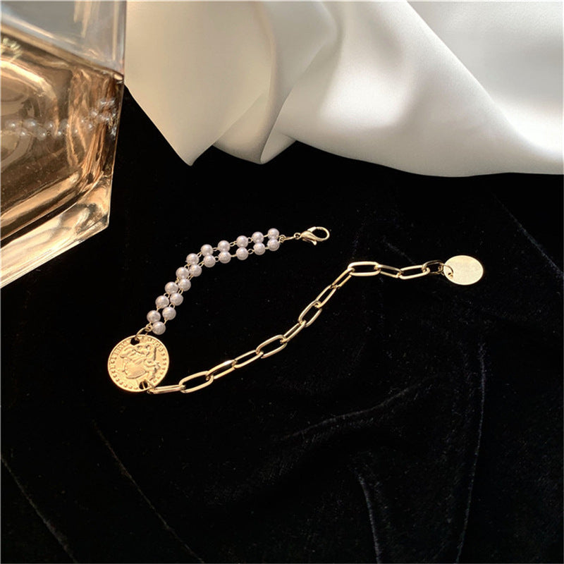 Wholesale Asymmetric Round Coin Head Pendant Pearl Bracelet ACC-BT-zhiyu011