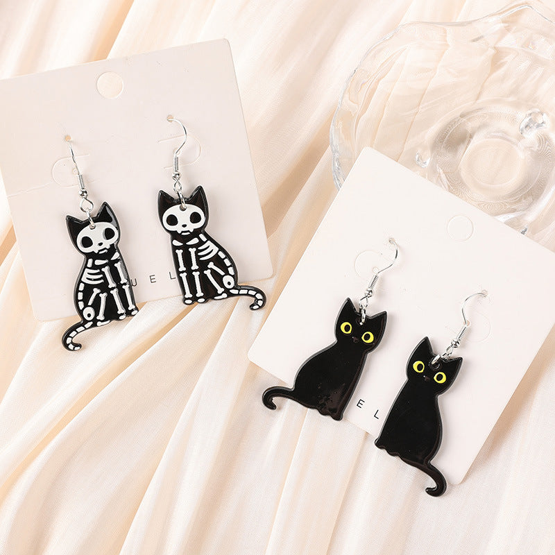 Wholesale double-sided acrylic skull black and white cat earrings
