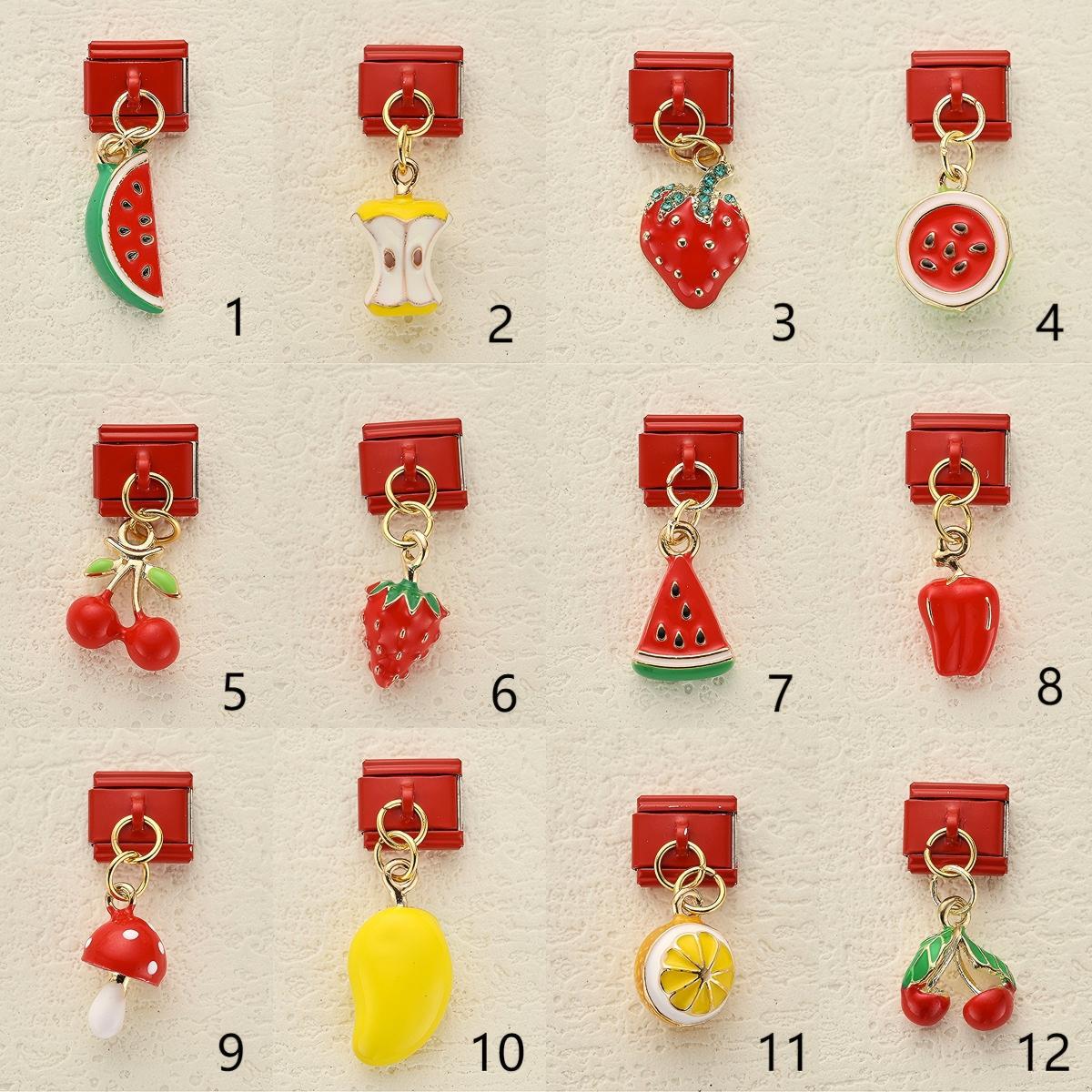 Wholesale 5pcsvCherry Strawberry Watermelon Pendant Red Italian Module DIY Stainless Steel Bracelet Accessories