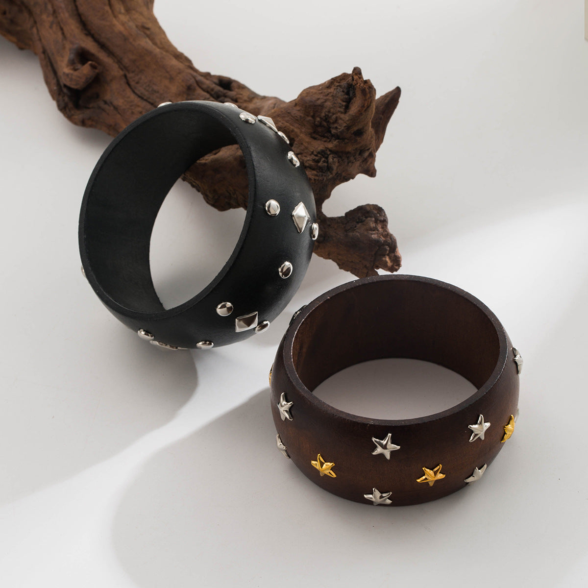 Bracciale retrò con personalità geometrica all'ingrosso del braccialetto della stella del rivetto di legno