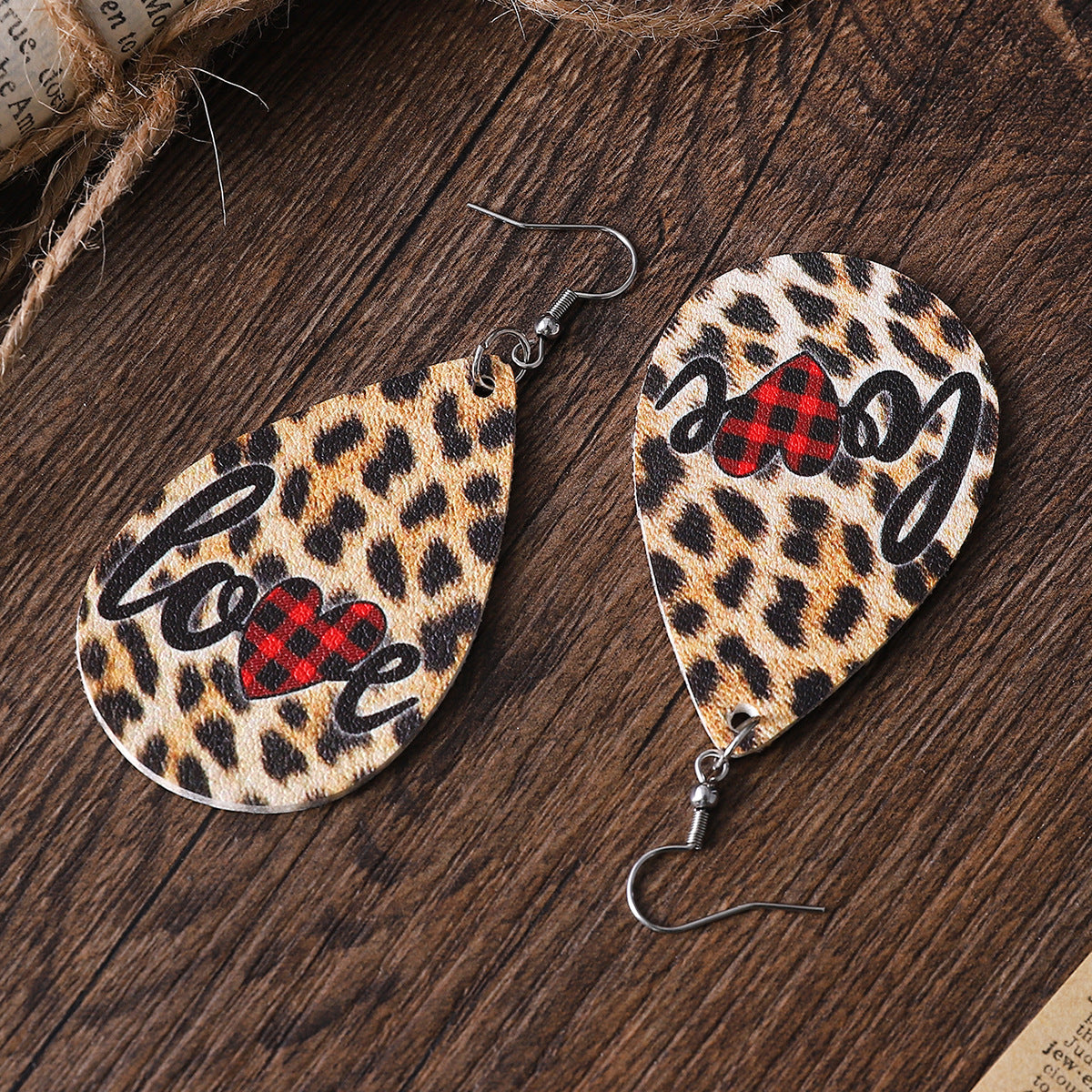 Wholesale PU leather Valentine' s Day earrings with letters leopard print and heart design