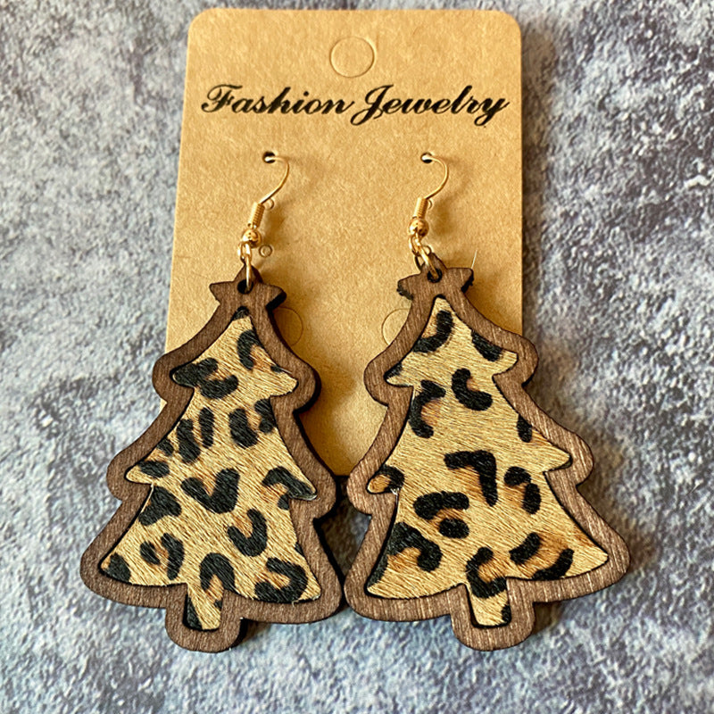 Wholesale Western Christmas wooden earrings Bohemian leather horse hair inlaid leather earrings