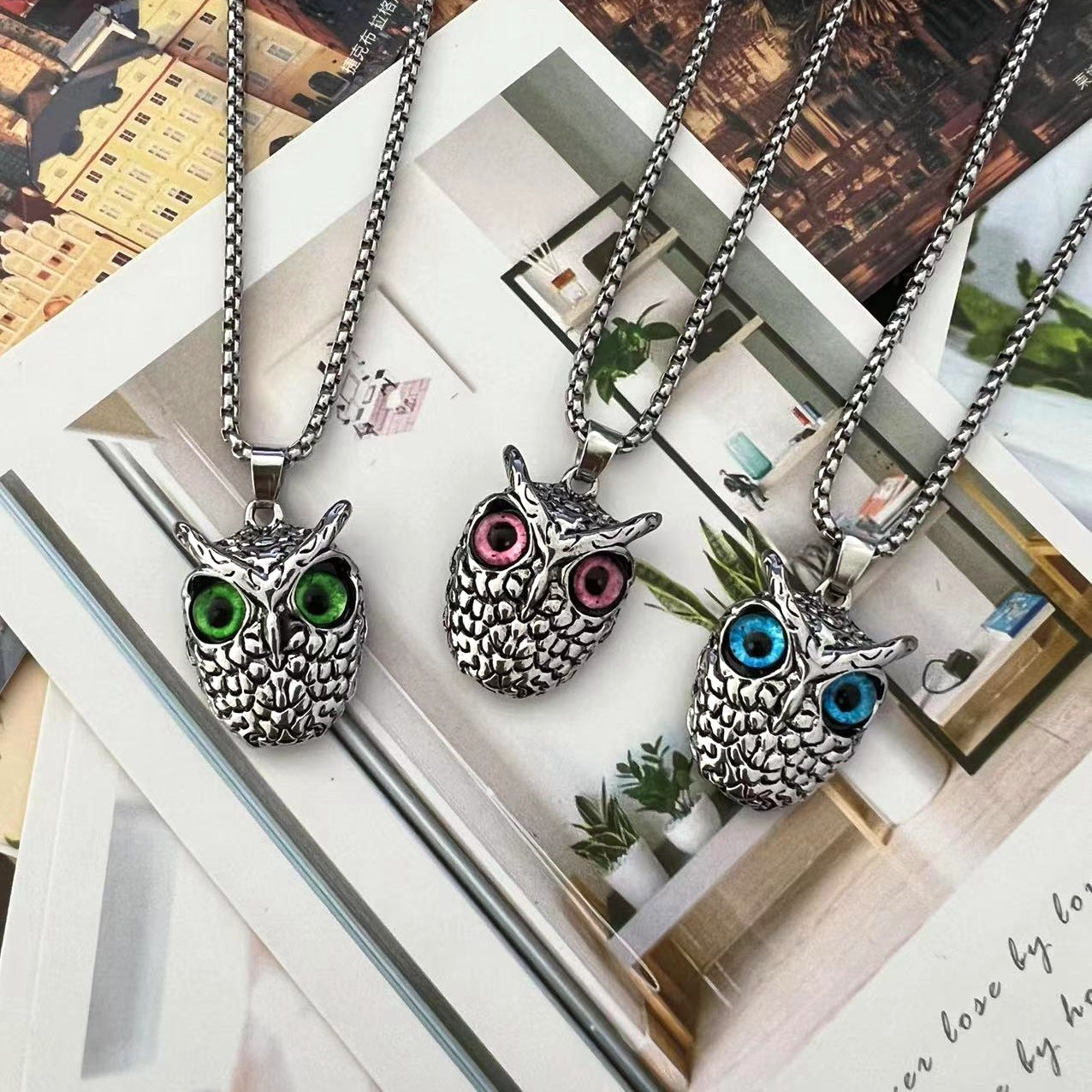 Wholesale  Titanium Steel vintage owl pendant necklaces