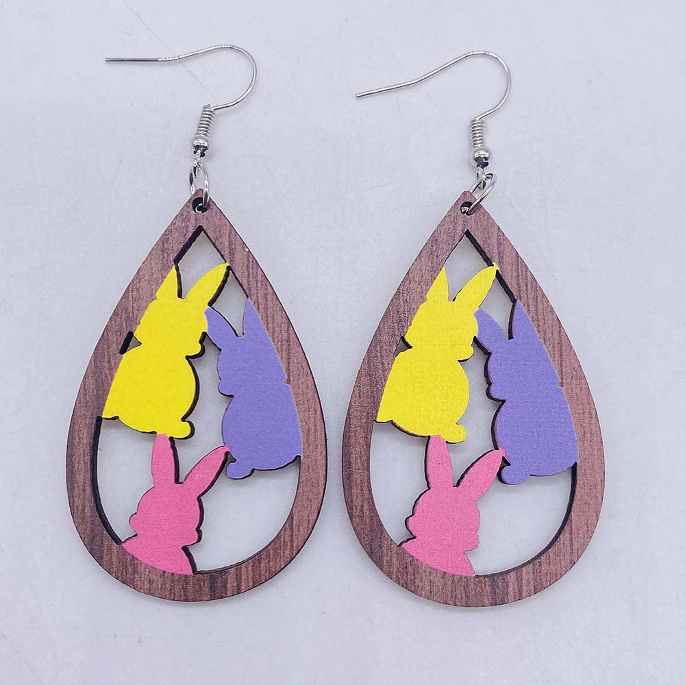 Wholesale Easter Egg Dwarf Rabbit Water Drop Hollow Wooden Earrings ACC-ES-CY003