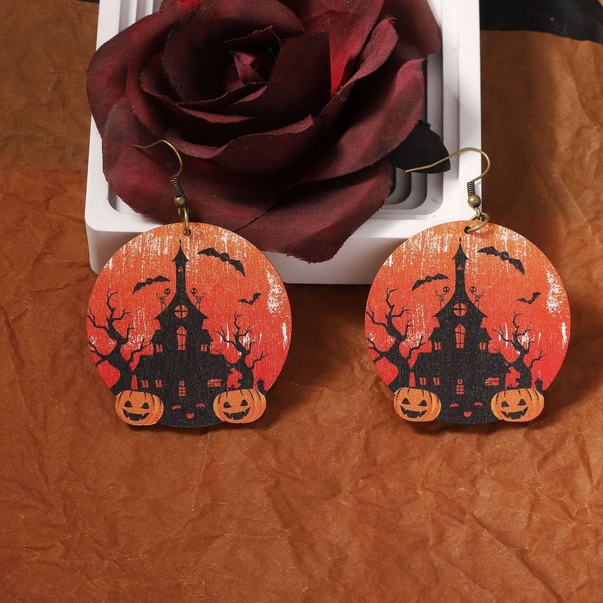 Wholesale  wooden printed water drop pumpkin head earrings