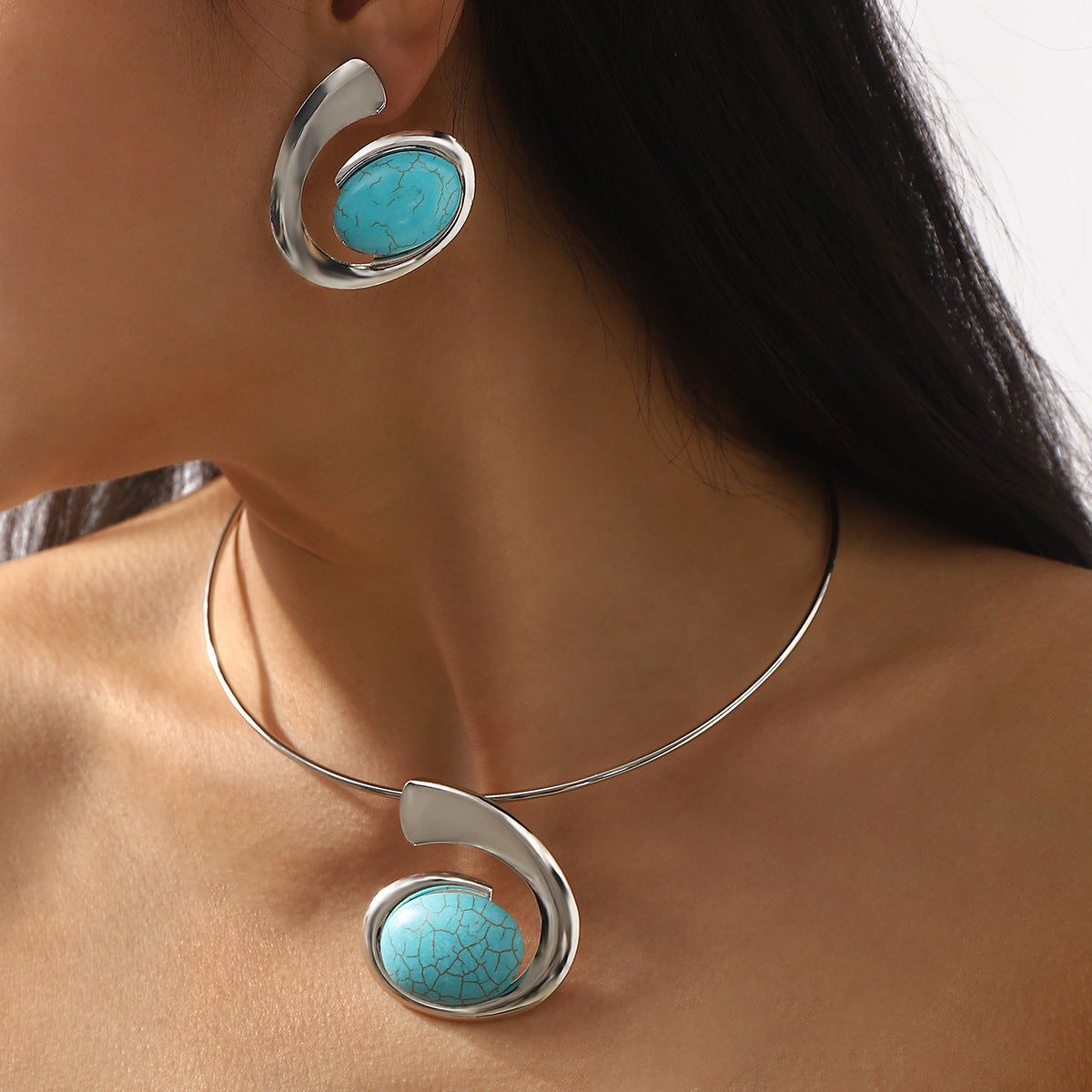 Wholesale Bohemian Exaggerated Trend Turquoise Pendant Personality Design Sense Geometric Jewelry suit