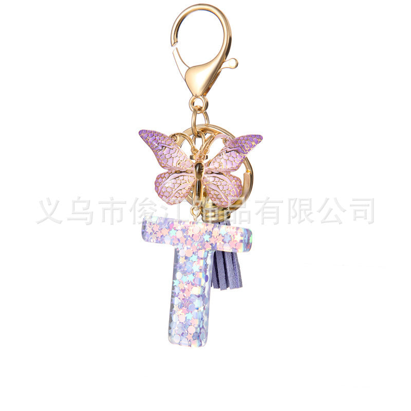 Wholesale Purple Star Tassel Resin Keychain 26 English Letters Bag Charm For Women Students Fashion Decorative Accessory