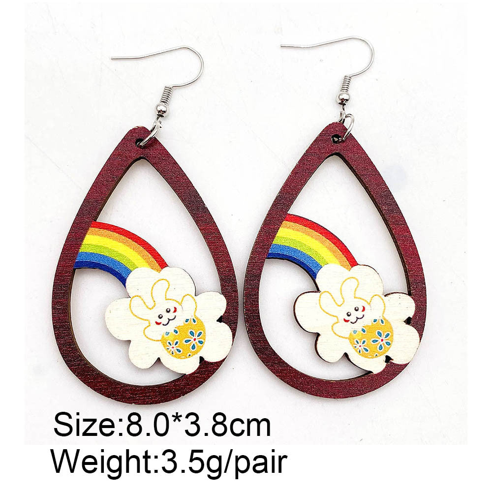 Wholesale Easter Rainbow Wooden Earrings  Teardrop Rabbit Earrings