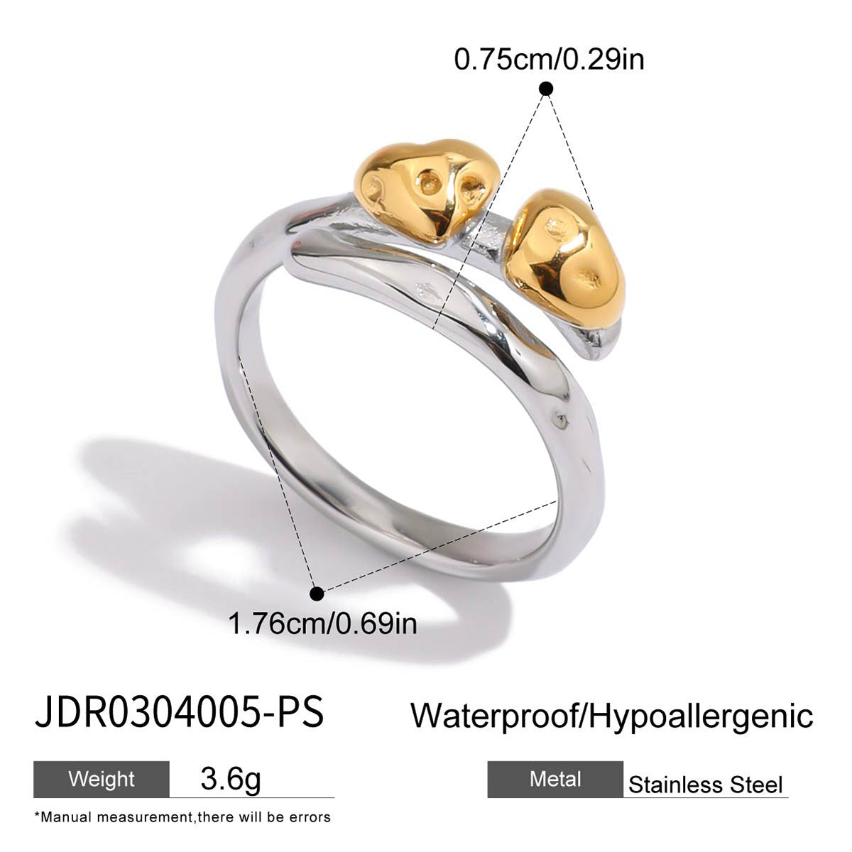 Wholesale Stainless steel  Ring Gold and Silver Color Matching Heart Adjustable Opening Jewelry