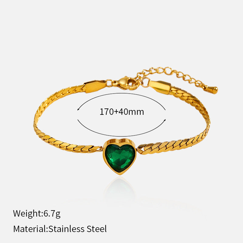 Wholesale heart-shaped green zircon  stainless steel bracelet
