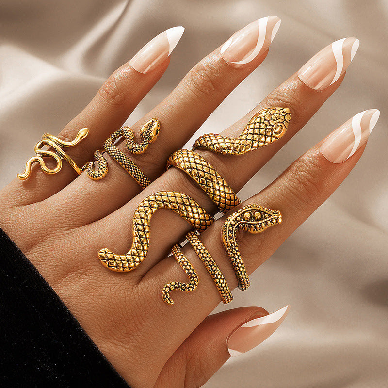 Wholesale  Punk Style Snake-Shaped Animal Retro Exaggerated Four-Piece Ring Set
