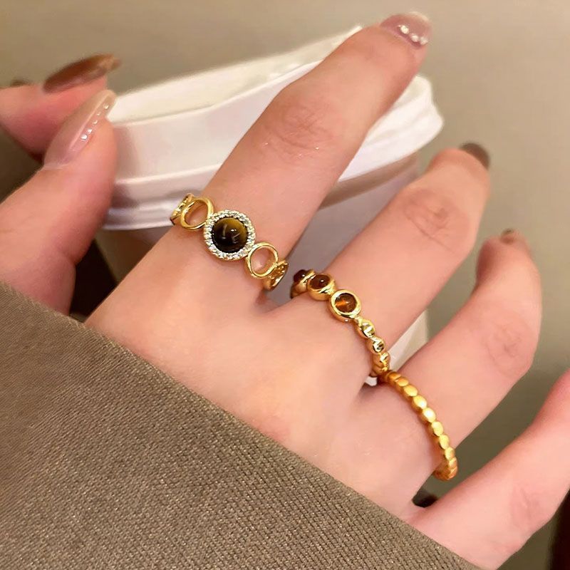 Wholesale Maillard Style Light Luxury Retro Gold Ring with Tiger' s Eye and Zircon