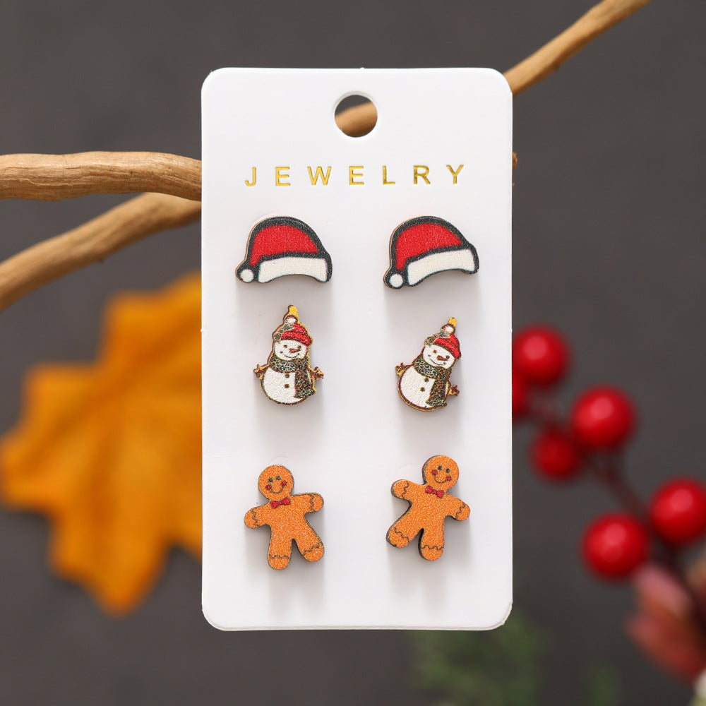 Wholesale Christmas Cartoon Gingerbread Man Christmas Hat Snowman Wood Earrings Set ACC-ES-MT002