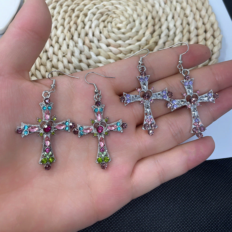 Wholesale Bohemian style crystal diamond color cross earrings